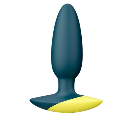 Close-up of the ROMP Bass Vibrating Anal Plug in teal with a yellow accent on the base. The plug has a sleek, tapered design crafted from smooth, body-safe silicone for comfortable insertion and use.