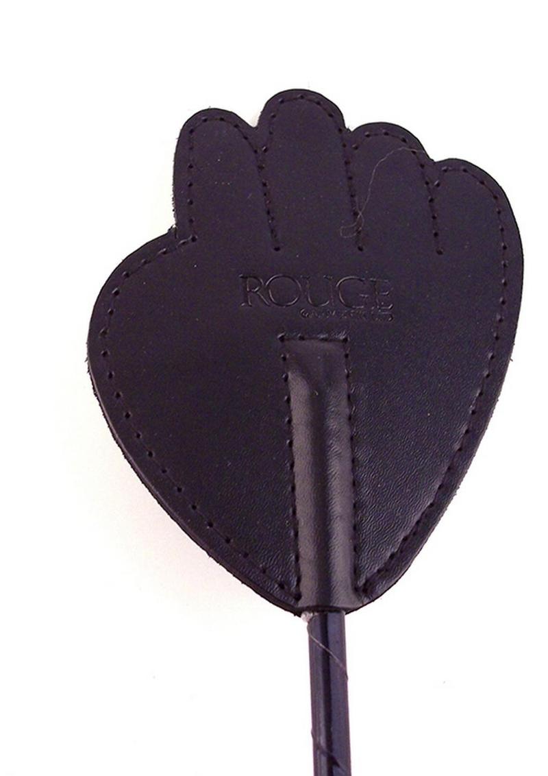 Rouge Fifty Times Hotter Leather Hand Riding Crop - Black Bondage crop with hand-shaped spanking flap, leather-wrapped handle, and braided shaft. Available in Black, Pink, or Red. Perfect for playful BDSM sessions.

