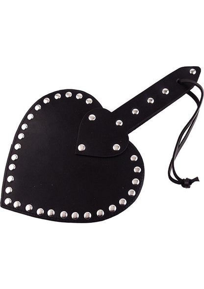 Rouge Heart Paddle - Black Heart-shaped leather spanking paddle with riveted studs, wrist strap, and genuine cowhide leather in pink, black, or red.

heart-shaped paddle, leather spanking paddle, genuine leather paddle, impact play paddle, heart impression paddle, luxury bondage paddle, studded spanking paddle, pink leather paddle, black leather paddle, red leather paddle, handcrafted BDSM paddle.