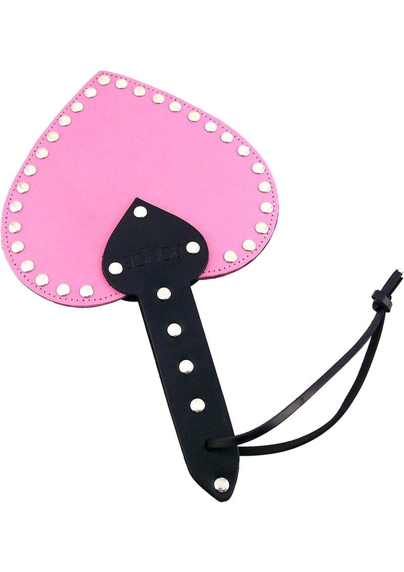 Rouge Heart Paddle - Black/Pink Heart-shaped leather spanking paddle with riveted studs, wrist strap, and genuine cowhide leather in pink, black, or red.

heart-shaped paddle, leather spanking paddle, genuine leather paddle, impact play paddle, heart impression paddle, luxury bondage paddle, studded spanking paddle, pink leather paddle, black leather paddle, red leather paddle, handcrafted BDSM paddle.