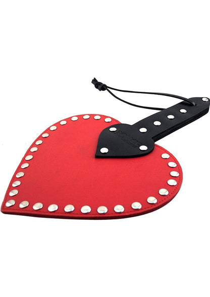 Rouge Heart Paddle - Black/Red Heart-shaped leather spanking paddle with riveted studs, wrist strap, and genuine cowhide leather in pink, black, or red.

heart-shaped paddle, leather spanking paddle, genuine leather paddle, impact play paddle, heart impression paddle, luxury bondage paddle, studded spanking paddle, pink leather paddle, black leather paddle, red leather paddle, handcrafted BDSM paddle.