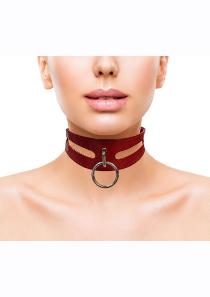 Rouge Leather Fashion Bondage Collar with O-Ring - Red