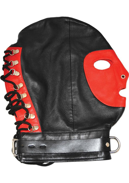 Rouge Leather Mask with D Ring and Lock Strap - Black/Red Soft leather mask with lockable buckle, D-ring, and openings for eyes, mouth, and nostrils. Adjustable collar for secure and comfortable fit.

