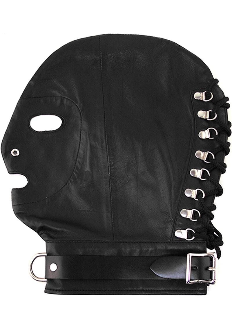 leather mask with D-ring, lockable leather mask, BDSM hood, soft leather hood, full-face leather mask, adjustable leather mask, leather restraint mask, BDSM mask with buckle, leather mask with eye and mouth holes, black and red leather mask, bondage hood with D-ring, secure BDSM hood, comfortable leather hood