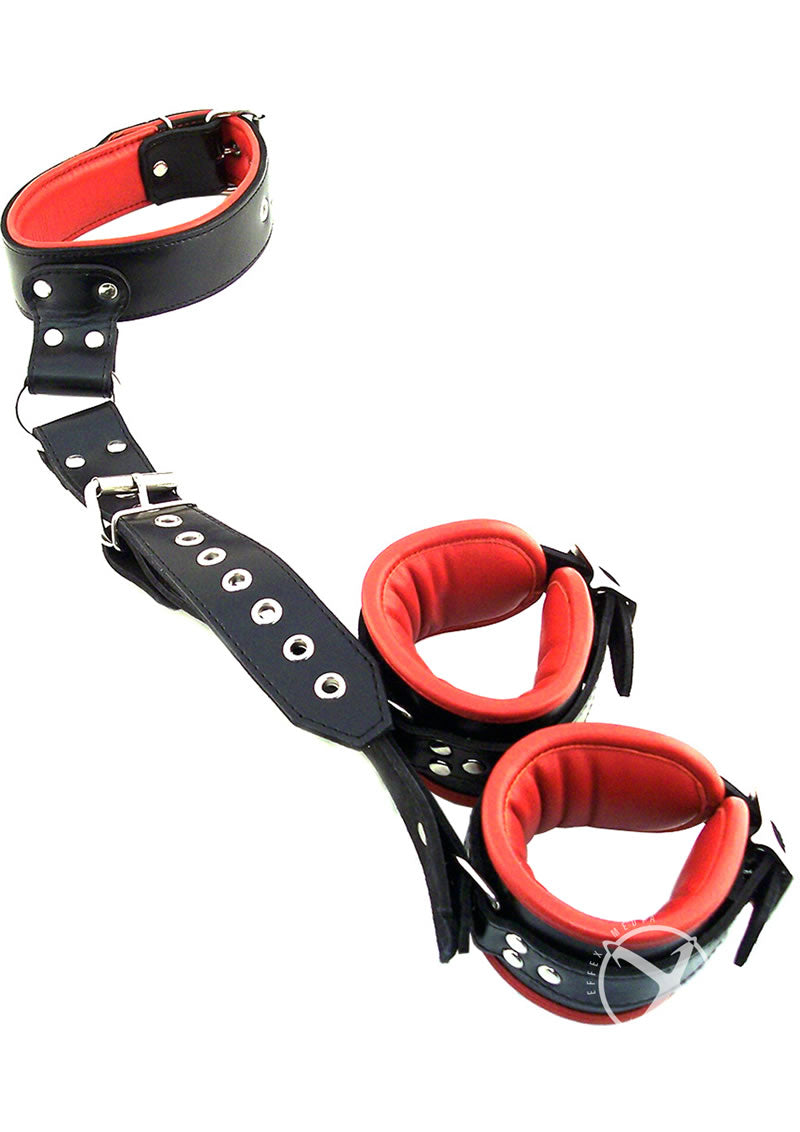 Rouge Neck to Hand Restraint - Black/Red Full leather back restraint with padded collar, adjustable straps, and multiple D-rings. Perfect for BDSM play, available in Black or Black/Red.

