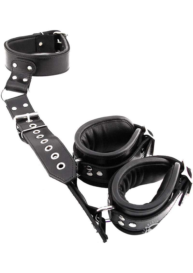 full leather back restraint, neck-to-wrist restraint, padded leather restraint, adjustable buckle straps, BDSM back restraint, D-ring bondage restraint, black leather restraint, black and red leather restraint, padded collar and cuffs, bondage accessories, advanced BDSM restraint, beginner-friendly back restraint, leather BDSM gear, customizable bondage restraint, soft leather bondage, padlock-compatible restraint