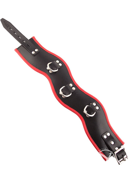 Padded leather posture collar in red and black with three D-rings and a pad-lockable buckle for secure and comfortable restraint.