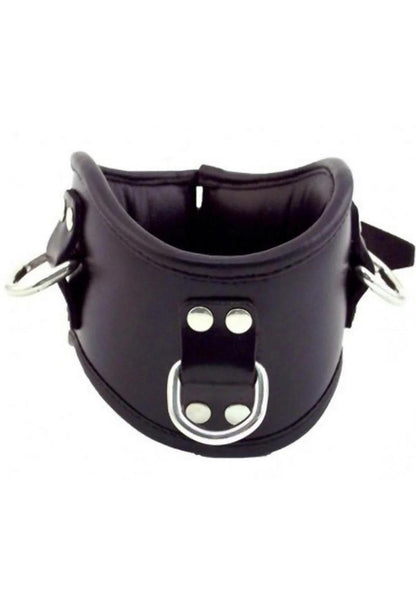 Rouge Posture Adjustable Collar 3 Ring - Black leather padded posture collar, posture training collar, BDSM posture collar, adjustable leather collar, D-ring leather collar, pad-lockable BDSM collar, leather bondage collar, genuine leather posture restraint, heavy-duty D-ring collar, BDSM lead attachment collar, stylish posture collar, padded BDSM collar, neck straightening collar, roller buckle collar, adjustable posture collar, colored piping BDSM collar