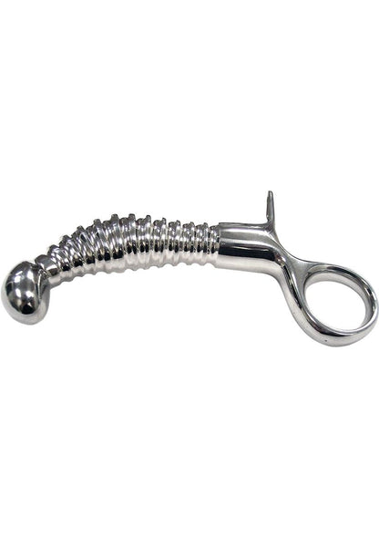 stainless steel anal plug, ribbed anal plug, anal plug with handle, polished steel anal probe, heavy anal plug, stainless steel BDSM toy, ribbed shaft anal toy, curved handle plug, premium anal stimulator, 4-inch stainless steel plug, weighted anal plug, anal plug with graduating diameters, hygienic anal toy, polished surgical steel anal plug