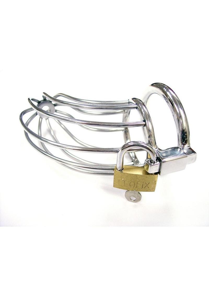 Stainless steel chastity cock cage with open design, padlock, and key; 6-inch cage with 1.57-inch ring.

stainless steel chastity cage, male chastity device, open cage cock cage, chastity cage with padlock, temperature play chastity cage, non-porous chastity device, durable chastity cage, sleek chastity cock cage, hygienic cock cage, chastity play accessory, 6-inch chastity cage, secure chastity device.