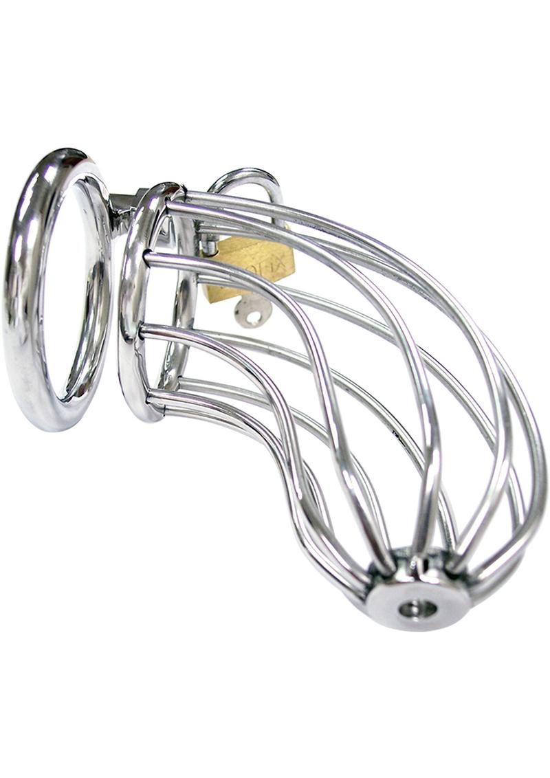 Stainless steel chastity cock cage with open design, padlock, and key; 6-inch cage with 1.57-inch ring.

stainless steel chastity cage, male chastity device, open cage cock cage, chastity cage with padlock, temperature play chastity cage, non-porous chastity device, durable chastity cage, sleek chastity cock cage, hygienic cock cage, chastity play accessory, 6-inch chastity cage, secure chastity device.