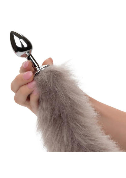 Running Wild Grey Tail Faux Fur Tail and Metallic Anal Plug - Grey/Metal