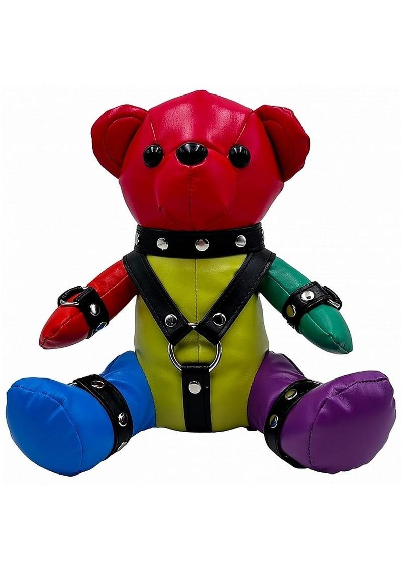 S-Line Bear Bondage Harness - Black/Multicolor Bright rainbow teddy bear with BDSM-style black harness and metallic accents—bold, colorful, and playful.

