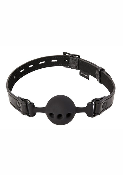 Saffron Breathable Ball Gag - Black Sportsheets Saffron Breathable Ball Gag with locking buckle, silicone ball, and adjustable fit for extended bondage play.

