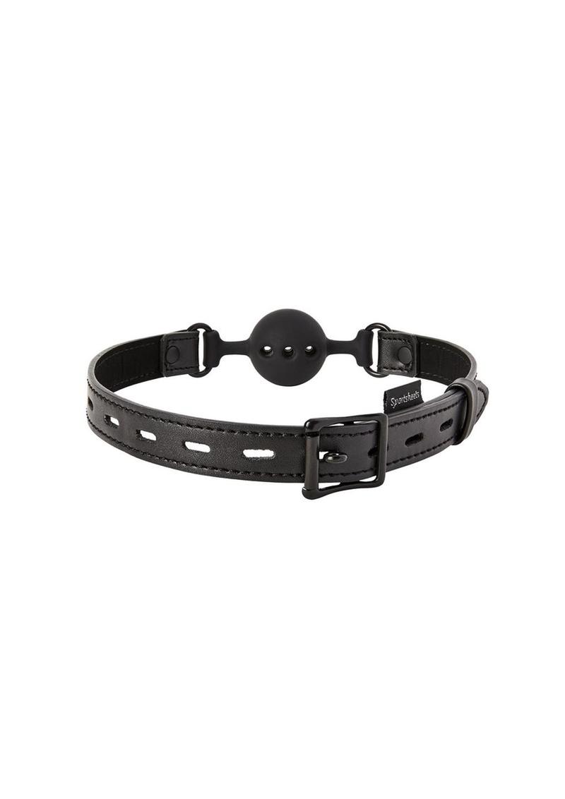 Saffron Breathable Ball Gag - Black Sportsheets Saffron Breathable Ball Gag with locking buckle, silicone ball, and adjustable fit for extended bondage play.

