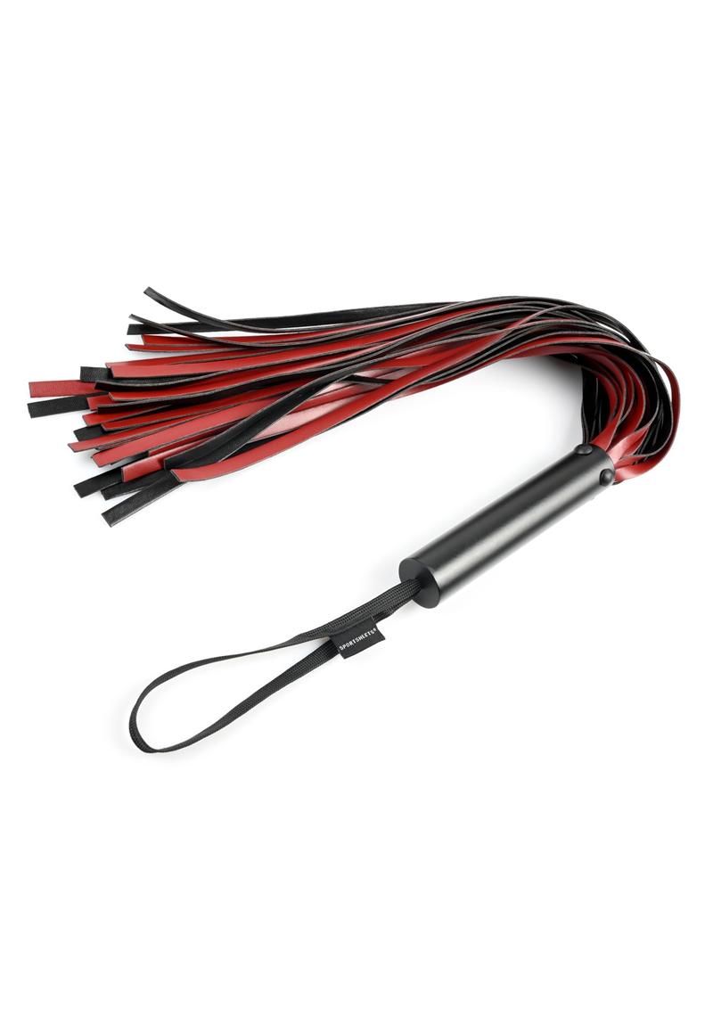 Saffron Flogger - Black/Red Sportsheets Saffron Flogger with black and saffron faux leather falls, durable metal handle, and hanging loop for stylish BDSM play