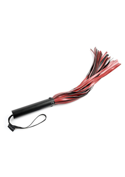 Saffron Flogger - Black/Red Sportsheets Saffron Flogger with black and saffron faux leather falls, durable metal handle, and hanging loop for stylish BDSM play