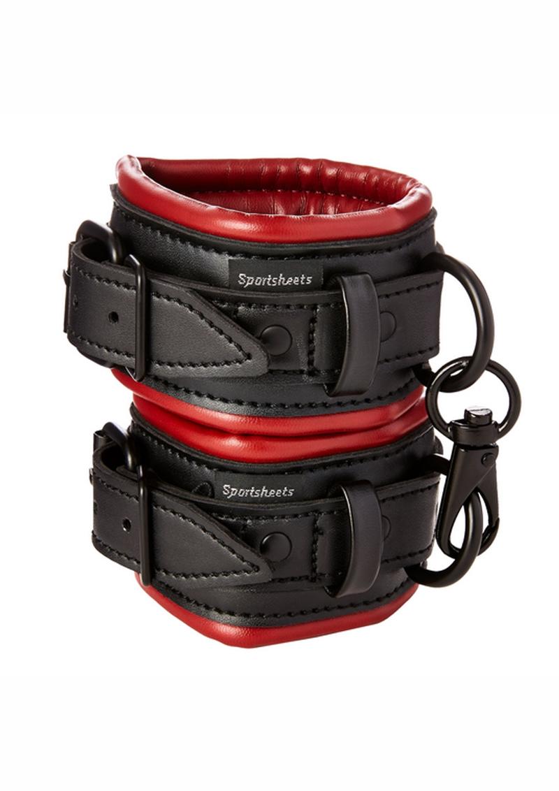 Saffron Handcuffs Unisex - Black/Red Sportsheets Saffron Cuffs in bright scarlet vegan leather with soft inner lining, adjustable straps, and durable design for BDSM play