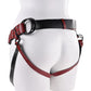 Saffron Monte Strap-On Harness - Black/Red Saffron Monte Strap-On in scarlet faux leather with adjustable harness and O-ring compatibility. Keywords: Saffron Monte Strap-On, adjustable strap-on harness, scarlet faux leather harness, Sportsheets strap-on, interchangeable O-ring strap-on, 3-way harness with scrotum clearance, bold strap-on harness, beginner strap-on, BDSM harness, strap-on for couples.