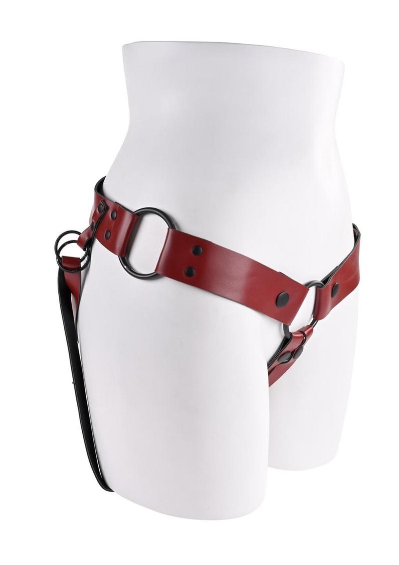 Saffron Monte Strap-On Harness - Black/Red Saffron Monte Strap-On in scarlet faux leather with adjustable harness and O-ring compatibility. Keywords: Saffron Monte Strap-On, adjustable strap-on harness, scarlet faux leather harness, Sportsheets strap-on, interchangeable O-ring strap-on, 3-way harness with scrotum clearance, bold strap-on harness, beginner strap-on, BDSM harness, strap-on for couples.