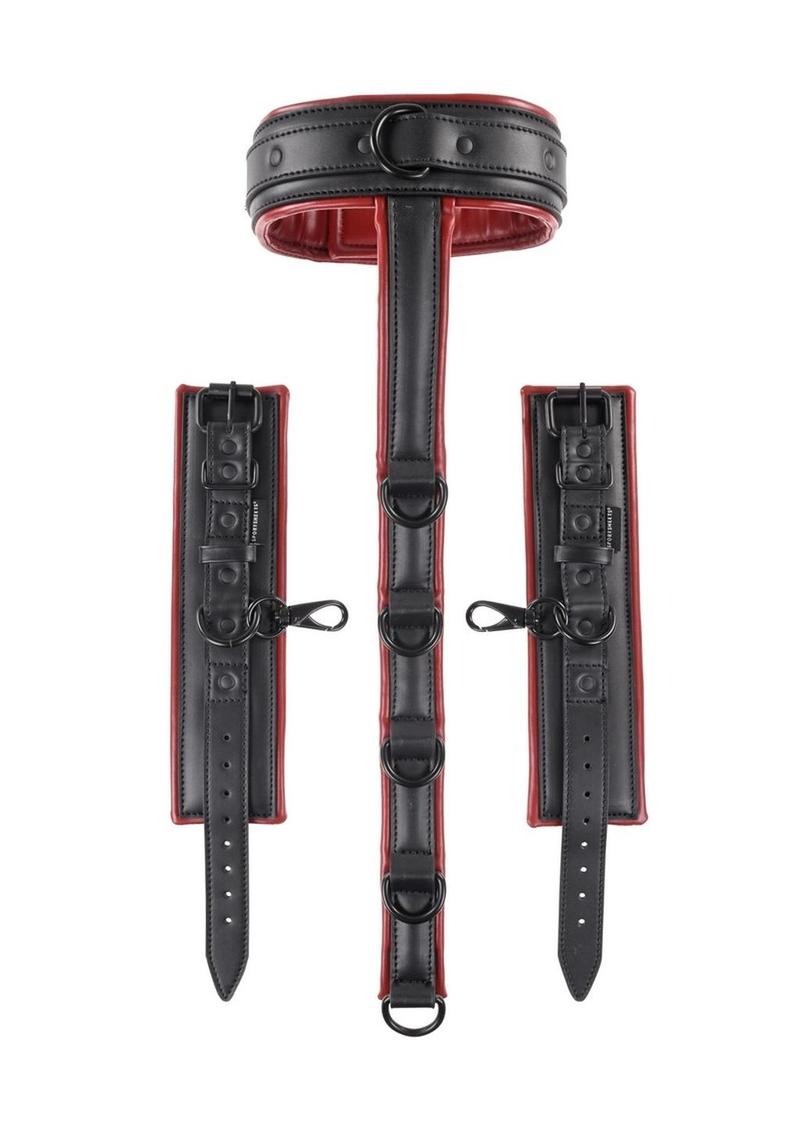 Saffron Neck and Wrist Restraint - Black/RedSaffron Neck and Wrist Restraint in red and black faux leather with adjustable straps and D-rings. Keywords: Saffron Neck and Wrist Restraint, BDSM neck and wrist restraint, faux leather bondage gear, adjustable BDSM restraints, Sportsheets neck restraint, red and black bondage, BDSM restraint system, D-ring bondage accessory, kink restraint kit, BDSM body harness. 