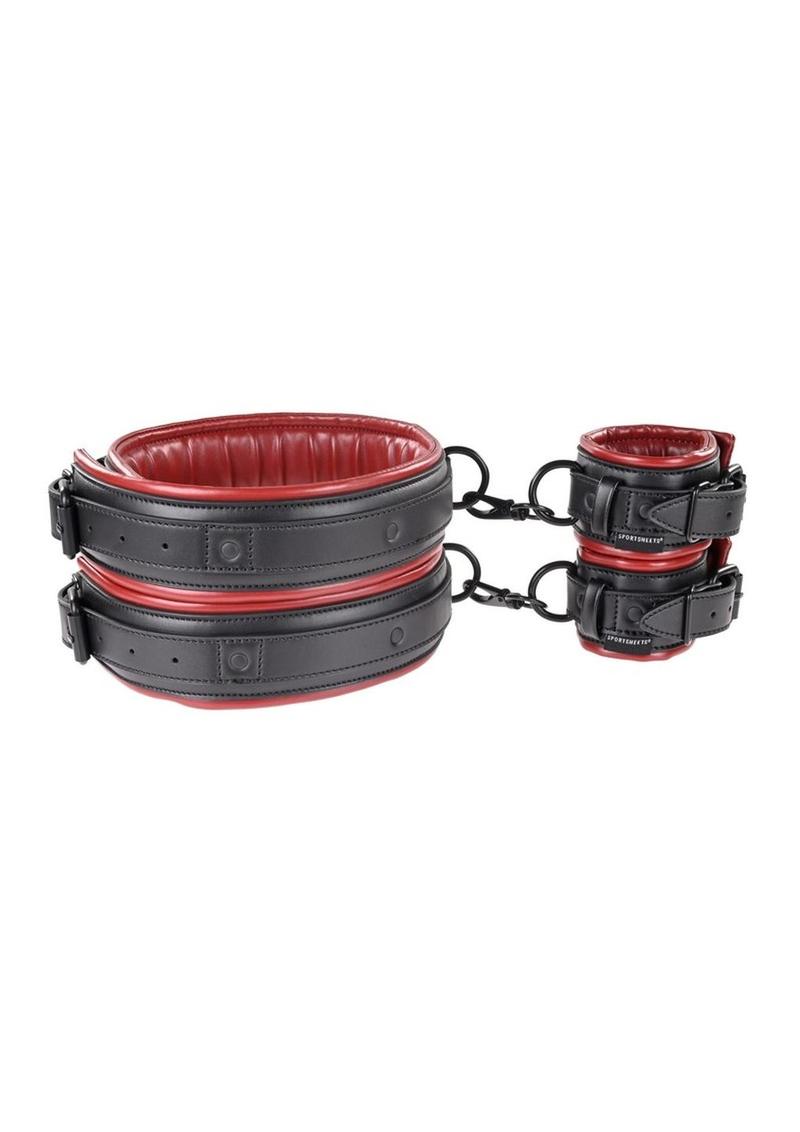 Saffron Thigh and Wrist Cuff - Black/Red - Set Saffron Thigh and Wrist Cuff Set in black and red faux leather, perfect for versatile restraint play. Keywords: Saffron Thigh and Wrist Cuff Set, faux leather cuffs, adjustable BDSM restraints, thigh and wrist cuffs, bondage restraint set, Sportsheets cuffs, BDSM accessories, kink restraint kit, bondage toys for couples, BDSM positioning restraints.