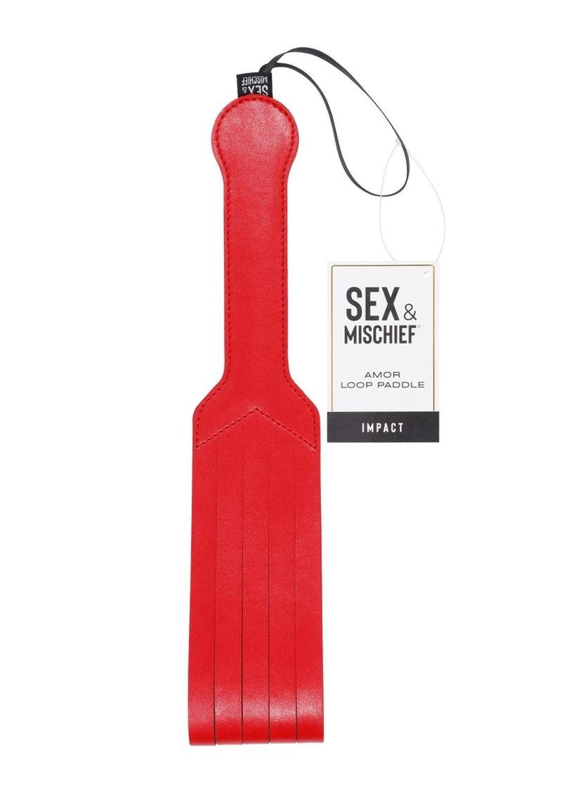 Red vegan leather paddle with looped strands and a wrist strap, designed for impactful strikes and versatile BDSM play.

