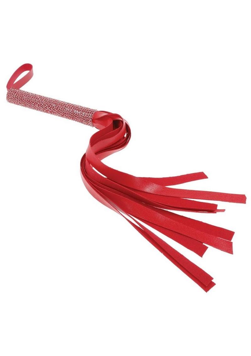 Red vegan leather flogger with a rhinestone-wrapped handle, 13-inch falls, and a wrist loop for secure and stylish bondage play. Keywords: Amor Sparkle Flogger, red flogger, rhinestone handle, vegan leather flogger, BDSM whip, Sportsheets flogger, bondage accessories, luxury flogger, red BDSM tools, beginner BDSM toys, wrist loop flogger, whips and paddles, kinky accessories.