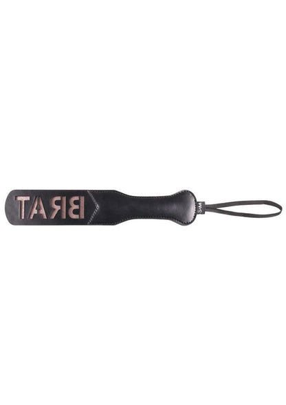 Sex and Mischief Brat Paddle - Black/Rose Gold BRAT Impact Paddle: Faux leather paddle with raised lettering to imprint BRAT, secure wrist loop, and stylish Rose Gold and Black design.