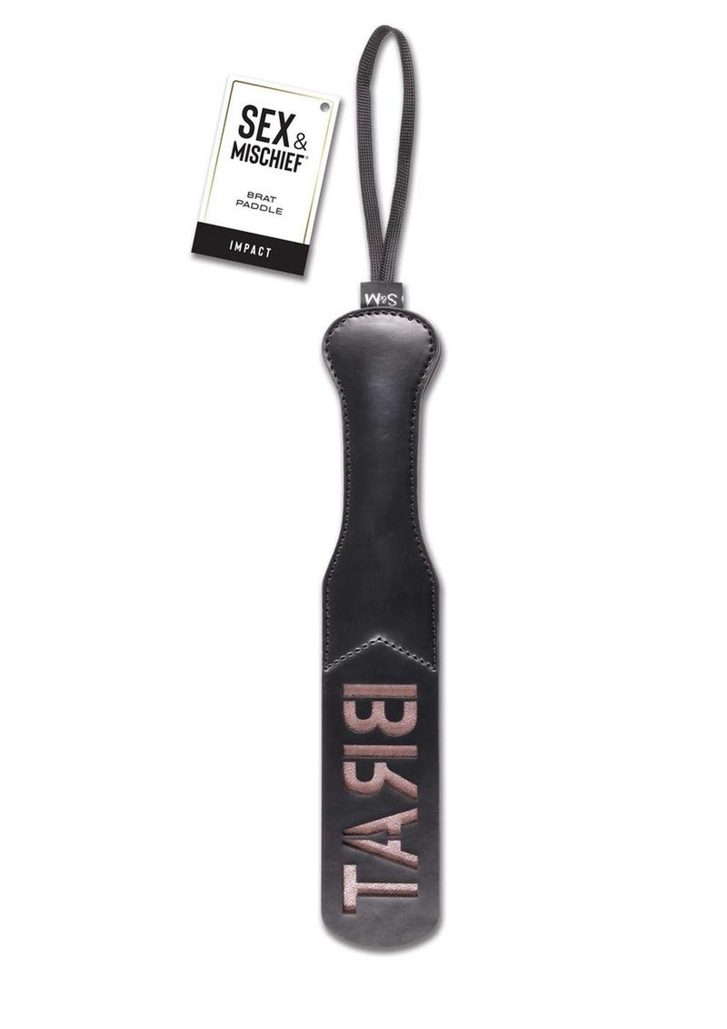 Sex and Mischief Brat Paddle - Black/Rose Gold BRAT Impact Paddle: Faux leather paddle with raised lettering to imprint BRAT, secure wrist loop, and stylish Rose Gold and Black design.