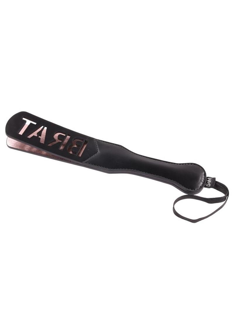 Sex and Mischief Brat Paddle - Black/Rose Gold BRAT Impact Paddle: Faux leather paddle with raised lettering to imprint BRAT, secure wrist loop, and stylish Rose Gold and Black design.