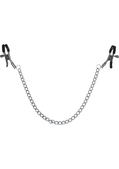 Nipple clamps with adjustable pressure, 13-inch chain, and soft rubber tips. Perfect for BDSM enthusiasts and beginners alike. Body-safe and lightweight design.