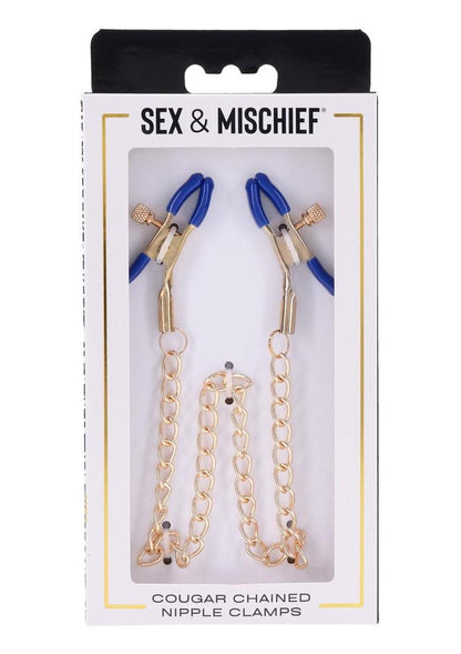 Sex and Mischief Cougar Chained Nipple Clamps - Blue/Gold/Navy gold chain nipple clamps, adjustable BDSM clamps, blue tip clamps, elegant sensation play, nipple clamps with chain, removable rubber tip clamps, BDSM beginner clamps, luxurious gold chain clamps, nipple stimulation accessories, versatile BDSM clamps