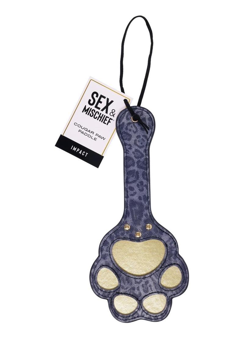 Sex and Mischief Cougar Paw Paddle - Blue/Gold/Navy Cougar Paw Paddle, leopard print paddle, paw-shaped cutout paddle, impact play paddle, blue faux leather paddle, BDSM paddle, playful spanking paddle