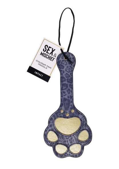 Sex and Mischief Cougar Paw Paddle - Blue/Gold/Navy Cougar Paw Paddle, leopard print paddle, paw-shaped cutout paddle, impact play paddle, blue faux leather paddle, BDSM paddle, playful spanking paddle