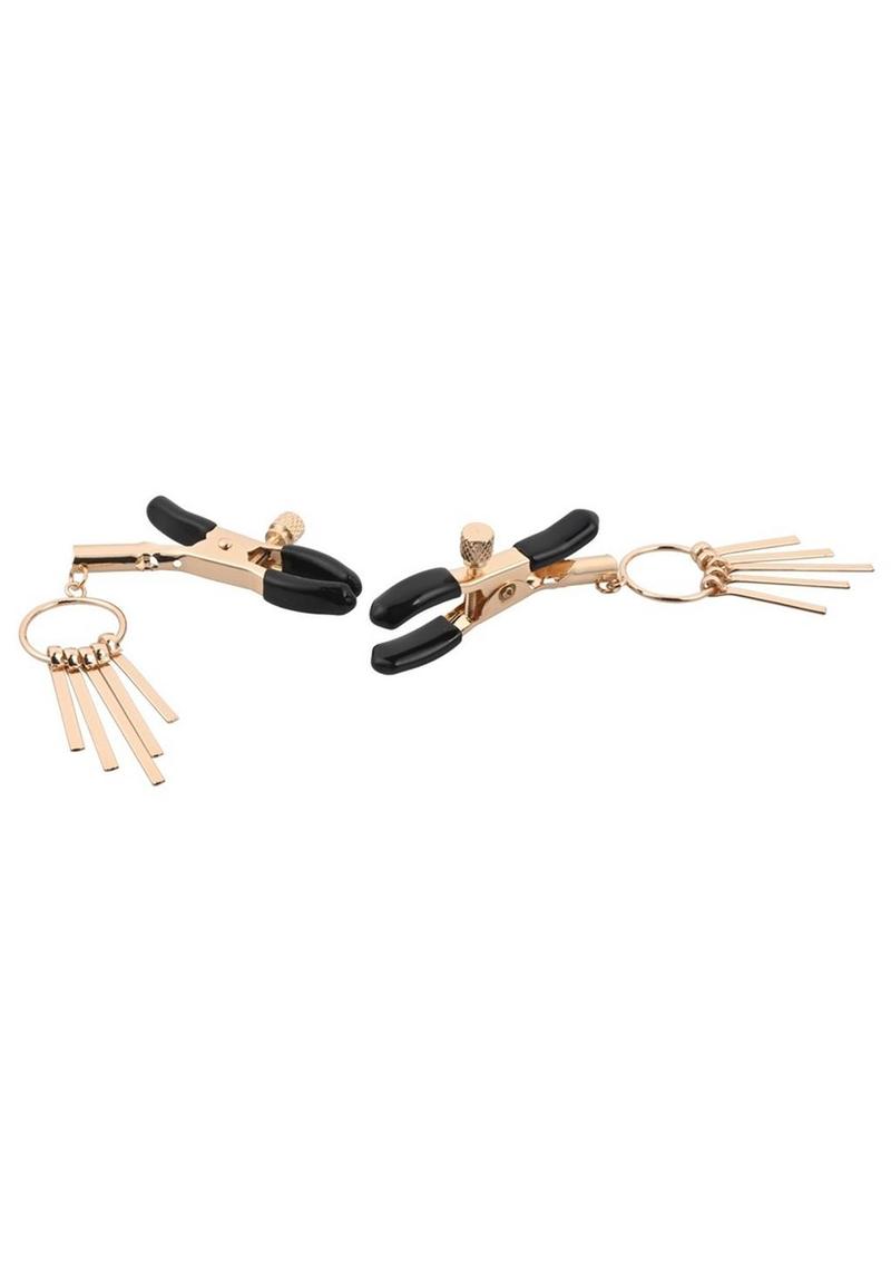 Adjustable gold nipple clamps with rubber tips and elegant dangling rods for sensual play. Keywords: adjustable nipple clamps, gold nipple clamps, Verge clamps, rubber-tipped nipple clamps, elegant BDSM clamps, kink accessories, nipple play tools, nipple clamps for couples, body-safe nipple clamps, gold and black nipple clamps.