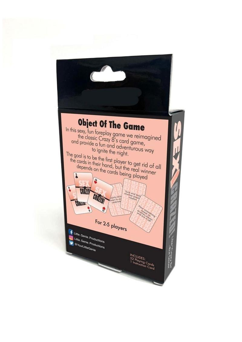 Sexy Crazy 8’s foreplay card game for 2-5 players with wild cards and playful activities.
Sex Crazed card game, foreplay card game, sexy Crazy 8’s, adult party games, Valentine’s Day games, couples card games, X-rated card games, spicy foreplay games, adults-only party games, Little Genie Products card game, fun sexy card game.