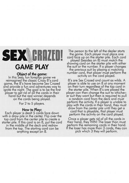 Sex Crazed Couples Card Game Sexy Crazy 8’s foreplay card game for 2-5 players with wild cards and playful activities.
Sex Crazed card game, foreplay card game, sexy Crazy 8’s, adult party games, Valentine’s Day games, couples card games, X-rated card games, spicy foreplay games, adults-only party games, Little Genie Products card game, fun sexy card game.