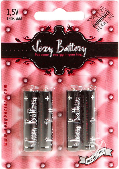 Sexy Battery Xtra Endurance Alkaline Batteries Lr03 AAA/ 1.5v - 4 Pack Sexy Battery Xtra Endurance AAA alkaline batteries, 1.5V, 4-pack, cylindrical design, optimized for sex toys, vibrators, and compact devices, compatible with LR03 and MN2400.
Sexy Battery AAA, Xtra Endurance AAA batteries, 1.5V alkaline batteries for sex toys, AAA vibrator batteries, LR03 sex toy power, MN2400 compact batteries, AM4 batteries for erotic gear, long-lasting AAA toy batteries.