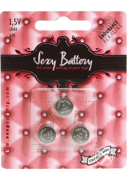 Sexy Battery Xtra Endurance LR44/A76 alkaline batteries, 1.5V, 3-pack, engineered for sex toys, vibrators, and compact devices.

LR44, sex toy batteries, 1.5V alkaline button batteries, erotic gear power source, vibrator LR44 batteries, A76 battery for sex toys, long-lasting toy batteries, compact button batteries for vibrators, AG13 battery replacement.