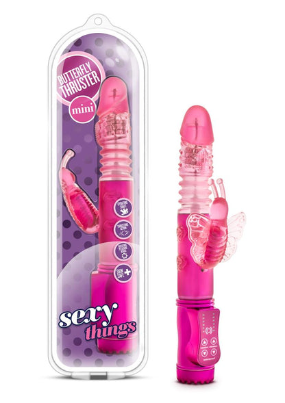 Sexy Things Butterfly Thruster Mini Rabbit Vibrator - Fuchsia/Pink
9.75-inch rabbit vibrator with clit stimulator, thrusting shaft, and rotating beads; body-safe TPE.
Butterfly Thruster Mini, 9.75-inch rabbit vibrator, clit stimulator with thrusting shaft, rotating pleasure beads vibrator, phthalate-free rabbit vibrator, TPE vibrator, pink and purple rabbit vibrator, hybrid lube-safe vibrator, AAA battery-powered vibrator, Blush® sex toys, mild vibration rabbit vibrator.