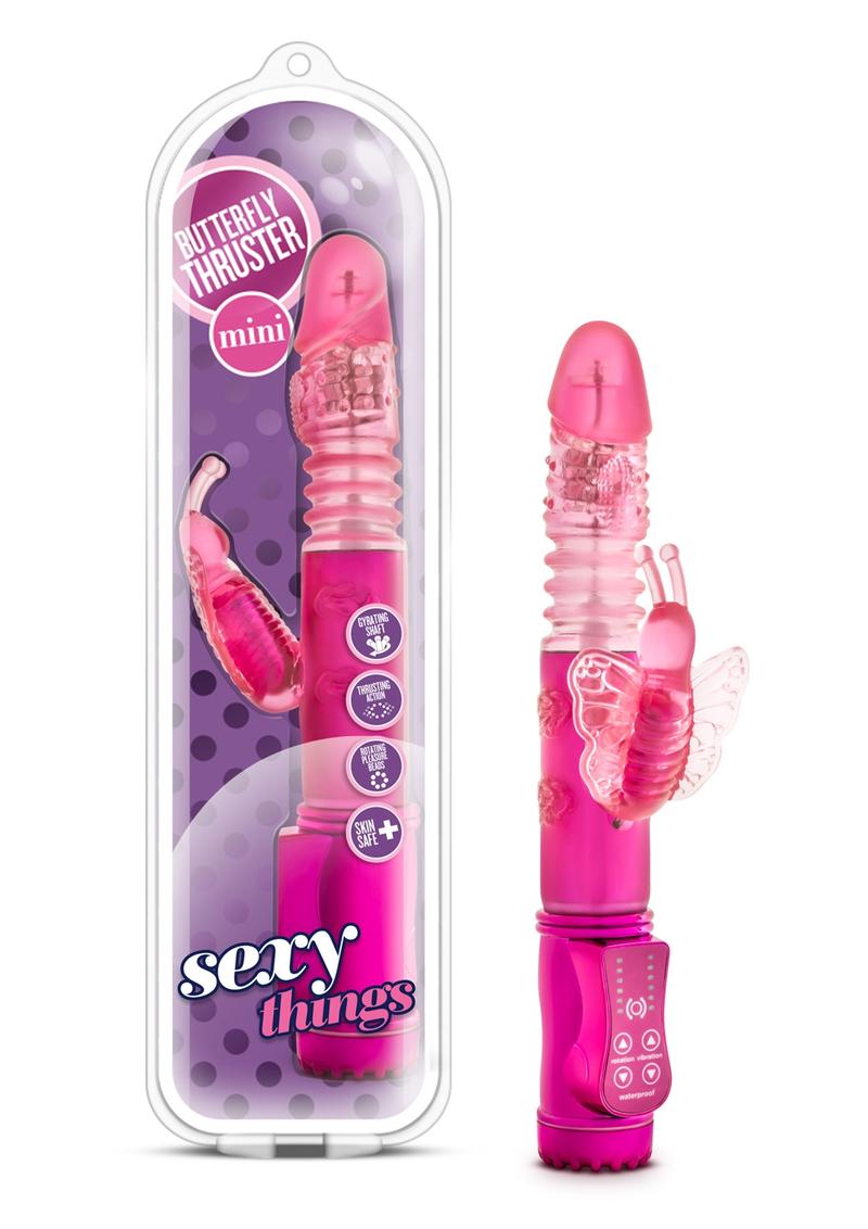 Sexy Things Butterfly Thruster Mini Rabbit Vibrator - Fuchsia/Pink
9.75-inch rabbit vibrator with clit stimulator, thrusting shaft, and rotating beads; body-safe TPE.
Butterfly Thruster Mini, 9.75-inch rabbit vibrator, clit stimulator with thrusting shaft, rotating pleasure beads vibrator, phthalate-free rabbit vibrator, TPE vibrator, pink and purple rabbit vibrator, hybrid lube-safe vibrator, AAA battery-powered vibrator, Blush® sex toys, mild vibration rabbit vibrator.