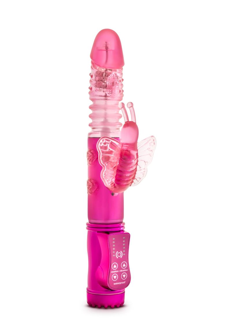 9.75-inch rabbit vibrator with clit stimulator, thrusting shaft, and rotating beads; body-safe TPE.
Butterfly Thruster Mini, 9.75-inch rabbit vibrator, clit stimulator with thrusting shaft, rotating pleasure beads vibrator, phthalate-free rabbit vibrator, TPE vibrator, pink and purple rabbit vibrator, hybrid lube-safe vibrator, AAA battery-powered vibrator, Blush® sex toys, mild vibration rabbit vibrator.