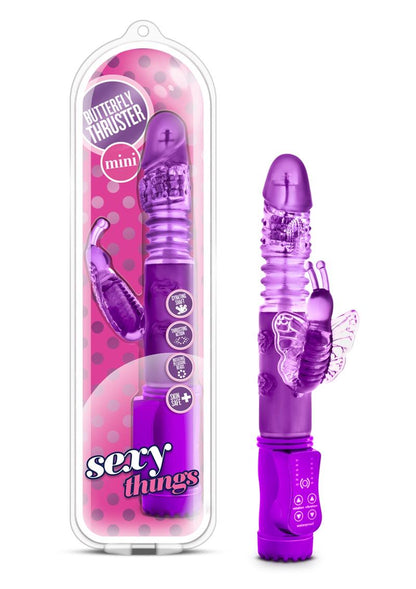 9.75-inch rabbit vibrator with clit stimulator, thrusting shaft, and rotating beads; body-safe TPE.
Butterfly Thruster Mini, 9.75-inch rabbit vibrator, clit stimulator with thrusting shaft, rotating pleasure beads vibrator, phthalate-free rabbit vibrator, TPE vibrator, pink and purple rabbit vibrator, hybrid lube-safe vibrator, AAA battery-powered vibrator, Blush® sex toys, mild vibration rabbit vibrator.