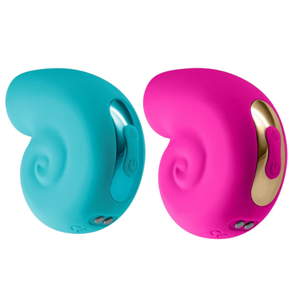 Back view of Revel Starlet Air Pulse Vibrators in teal and pink, showcasing the snail shell-inspired design with control buttons and gold accents. Smooth silicone finish enhances its elegant and ergonomic design.