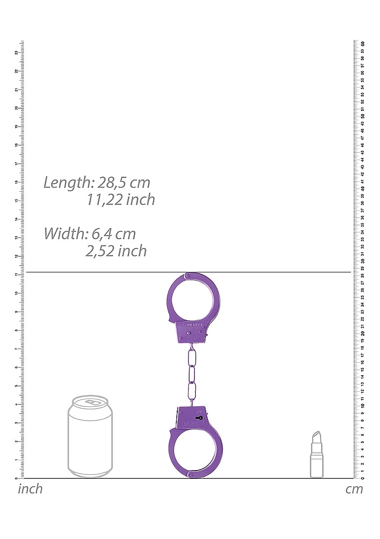 Beginner's Metal Handcuffs by Shots Toys in purple, pink, red, or silver with quick-release button and secure locking mechanism.
Beginner's Metal Handcuffs, colorful handcuffs, purple handcuffs, pink handcuffs, red handcuffs, silver handcuffs, quick-release handcuffs, bondage handcuffs, beginner bondage gear, metal handcuffs, playful restraint cuffs.