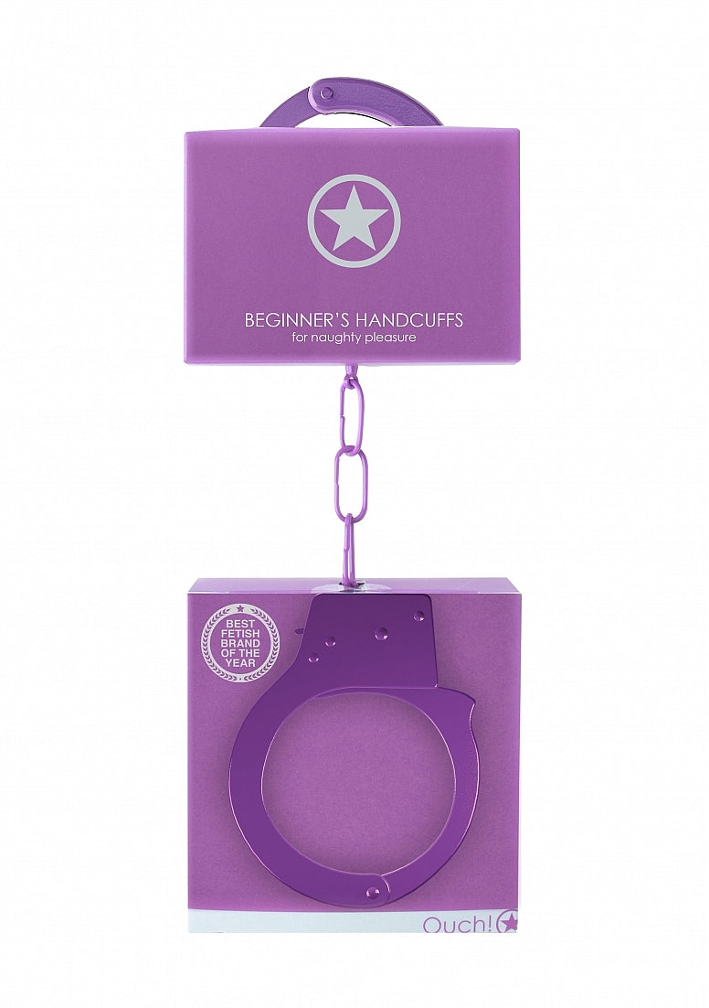 Beginner's Metal Handcuffs by Shots Toys in purple, pink, red, or silver with quick-release button and secure locking mechanism.
Beginner's Metal Handcuffs, colorful handcuffs, purple handcuffs, pink handcuffs, red handcuffs, silver handcuffs, quick-release handcuffs, bondage handcuffs, beginner bondage gear, metal handcuffs, playful restraint cuffs.