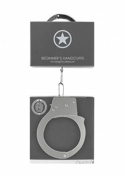 Beginner's Metal Handcuffs by Shots Toys in purple, pink, red, or silver with quick-release button and secure locking mechanism.
Beginner's Metal Handcuffs, colorful handcuffs, purple handcuffs, pink handcuffs, red handcuffs, silver handcuffs, quick-release handcuffs, bondage handcuffs, beginner bondage gear, metal handcuffs, playful restraint cuffs.