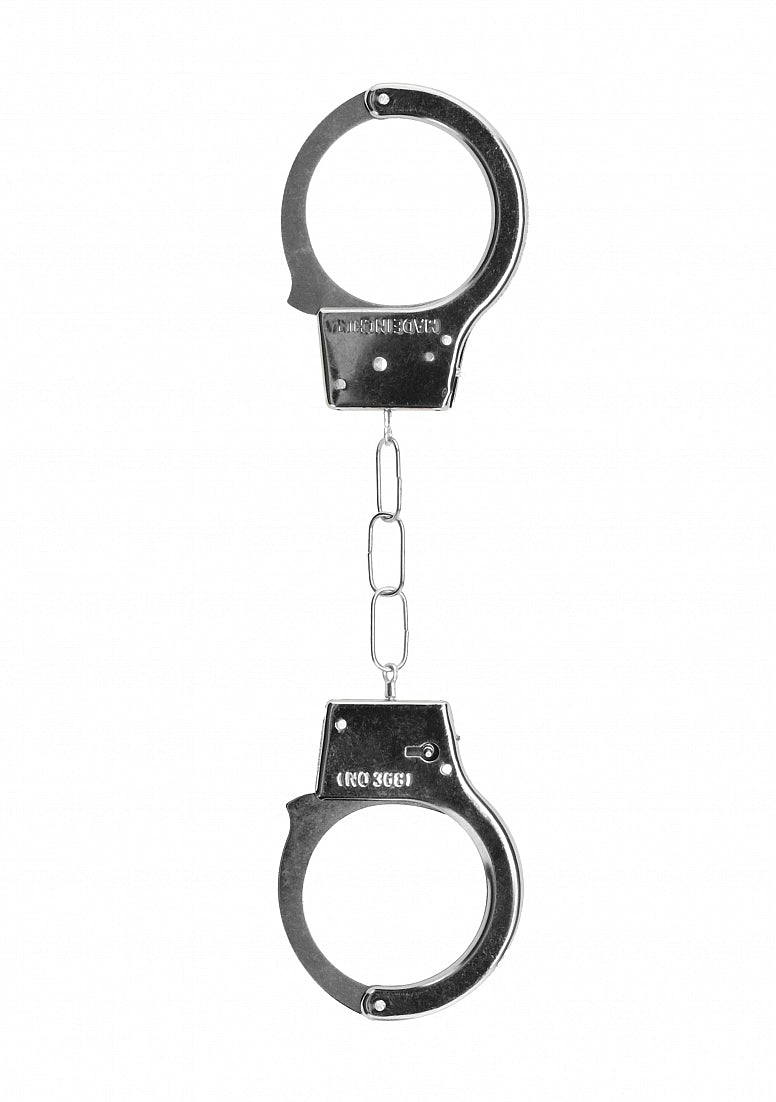 Beginner's Metal Handcuffs by Shots Toys in purple, pink, red, or silver with quick-release button and secure locking mechanism.
Beginner's Metal Handcuffs, colorful handcuffs, purple handcuffs, pink handcuffs, red handcuffs, silver handcuffs, quick-release handcuffs, bondage handcuffs, beginner bondage gear, metal handcuffs, playful restraint cuffs.