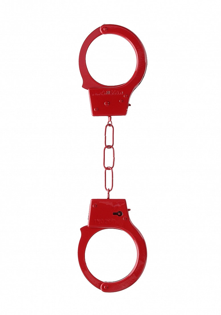 Beginner's Metal Handcuffs by Shots Toys in purple, pink, red, or silver with quick-release button and secure locking mechanism.
Beginner's Metal Handcuffs, colorful handcuffs, purple handcuffs, pink handcuffs, red handcuffs, silver handcuffs, quick-release handcuffs, bondage handcuffs, beginner bondage gear, metal handcuffs, playful restraint cuffs.